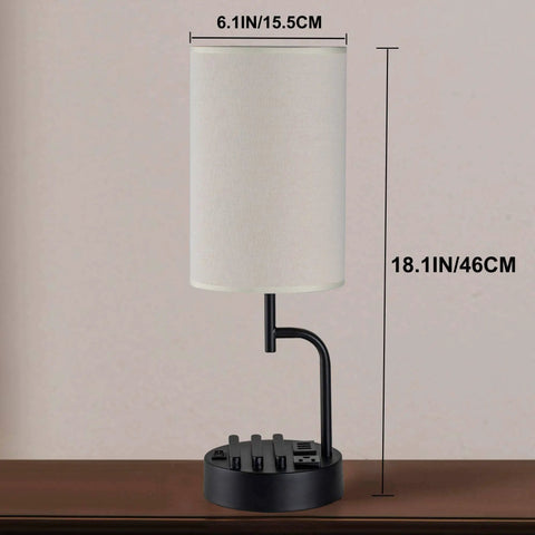 Bedside Table Lamp With Three USB Ports And AC Outlet Cream shown with measurements on a wooden table