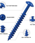 Blue Pocket Hole Screws 8 x 3/4 Inch with flat-bottom head, square drive, smooth threads, and self tapping tip, 200 PC Pack.
