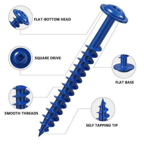 Blue Pocket Hole Screws 8 x 3/4 Inch with flat-bottom head, square drive, smooth threads, and self tapping tip, 200 PC Pack.