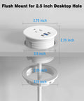 Recessed Power Strip Two Pack Desk Grommet Outlet 2.5 Inch Ten Foot Cord Triple USB Fast Charging Hub One AC Socket White flush mount design for standard desk hole.
