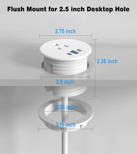 Recessed Power Strip Two Pack Desk Grommet Outlet 2.5 Inch Ten Foot Cord Triple USB Fast Charging Hub One AC Socket White flush mount design for standard desk hole.