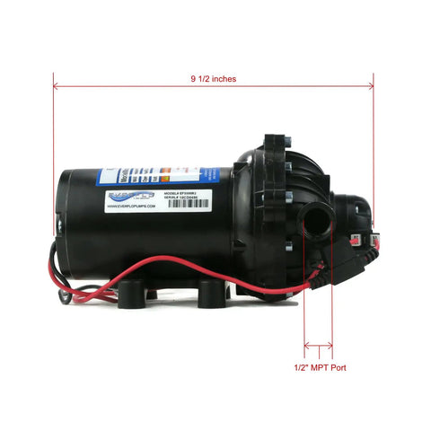 Heavy Duty 12 Volt Diaphragm Water Pump Brings Sweet 5.5 GPM Flow At 60 PSI Pressure side view with dimensions and 1/2" MPT port.