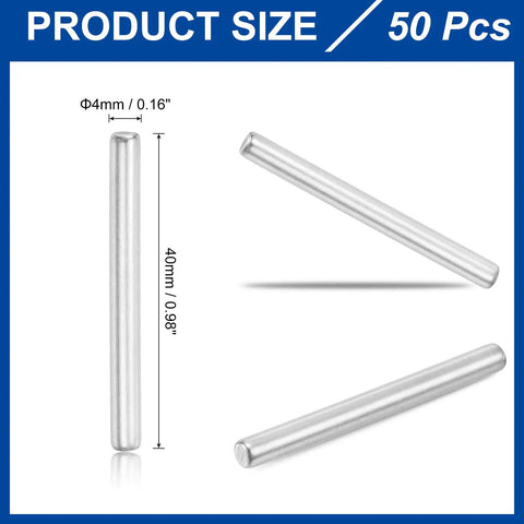 50 Pcs 4mm By 40mm Dowel Pins In 304 Stainless Steel Durable Shelf Support Pegs For Furniture And Woodworking Corrosion Resistant Fasteners Ideal Assortment For Quick Fixes And Projects, showing dimensions and pins