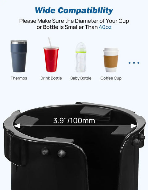 Wheelchair Cup Holder With 6.4 Inch Storage Box And 2 In 1 Design showcasing cup compatibility with drink containers.
