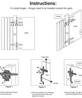 Installation guide for Wood Gate Hardware Set with Heavy Duty 8-Inch Decorative Strap Hinges and Spring Loaded Latch Kit in black finish.