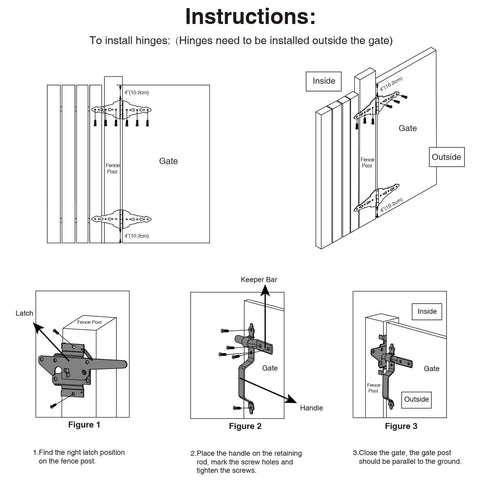 Installation guide for Wood Gate Hardware Set with Heavy Duty 8-Inch Decorative Strap Hinges and Spring Loaded Latch Kit in black finish.