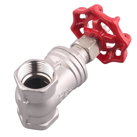 GOVALVE heavy-duty gate valve, 2-inch NPT, stainless steel with red wheel handle, female x female threads.