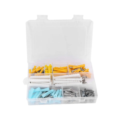 Open box of DIY Friendly Self Tapping Screw Kit With Anchors, 200 Pieces, visible in various colors and sizes
