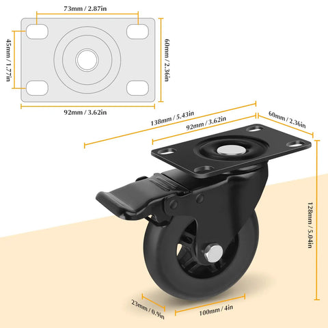 Heavy Duty 4 Inch Locking Swivel Caster Wheels Set Of Four Solid Rubber Furniture Cart Casters Loaded Up Without Breaking A Sweat Roll Like Butter 2200 Lbs Max Payload, detailed view of a single caster with dimensions.