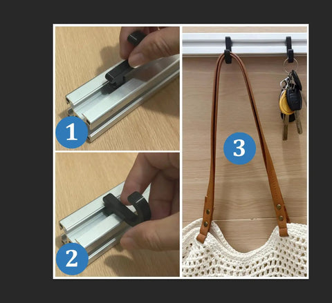 20Pcs 2020 Series T Slot Aluminum Profile Hooks for 6mm Euro Standard Extrusion black hook on 2020 aluminum rail holding a bag