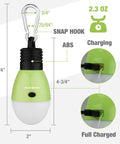 Rechargeable Camping Light With Clip Hook detailing size, weight, and charging indicators