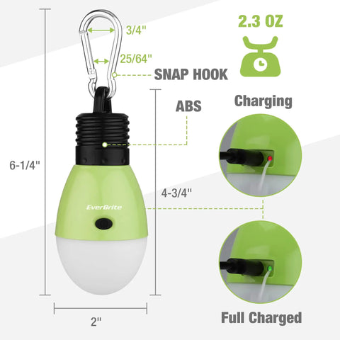 Rechargeable Camping Light With Clip Hook detailing size, weight, and charging indicators