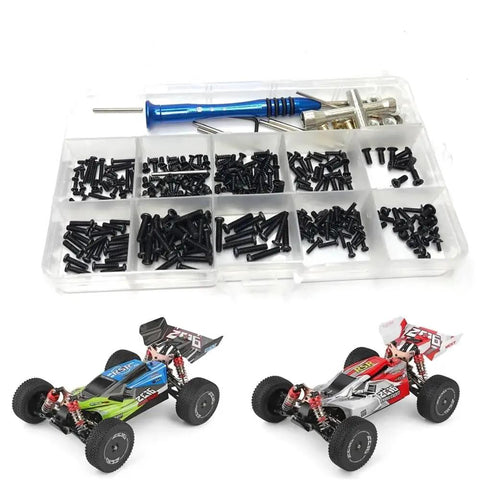 Drop Dead Awesome Carbon Fiber Screw Fastener Kit With Cross Sleeve Hex Swing Arm Pins For 144001 And 124016 Series, hardware set with RC car models.