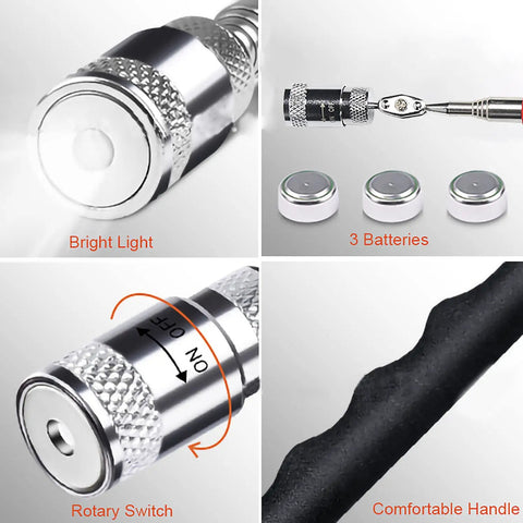 Telescoping Magnetic Pickup Tool With LED Light Flexible Retractable Shaft 7 To 30 Inches components overview