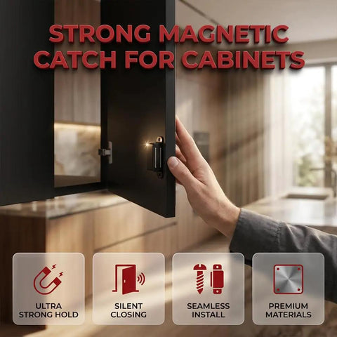Beefy 30 Lb Pull Heavy Duty Cabinet Magnetic Catch With Stainless Steel Door Latch shown in kitchen use