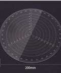 Woodturning center finder: transparent acrylic circular centering ruler with concentric rings and mm marks, front view.