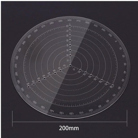 Woodturning center finder: transparent acrylic circular centering ruler with concentric rings and mm marks, front view.
