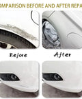 Comparison of a car's scratched bumper before and after using DIY Friendly Marine Grade Fiberglass Boat Repair Paste Kit.