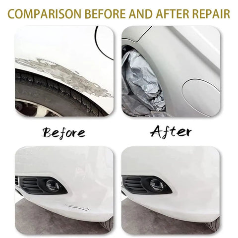 Comparison of a car's scratched bumper before and after using DIY Friendly Marine Grade Fiberglass Boat Repair Paste Kit.