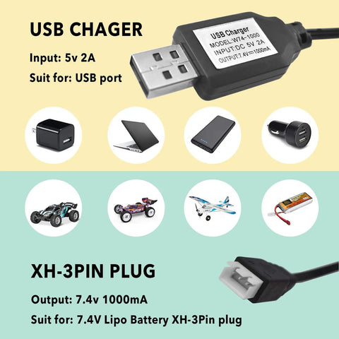 Two Pack USB Charging Cable With XH-3P Connector For SCX24 RC Car And 2S 7.4V LiPo Battery, Plug And Play Charger Lead details