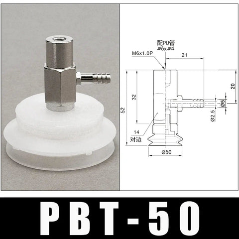PBT Series 2 Layer Industrial Rubber Suction Cup Chuck For Pneumatic Accessories White Pbt-50 with metal connector and dimensions.