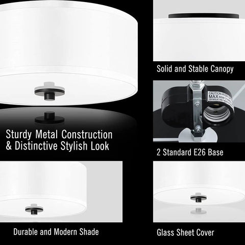 Two Light Flush Mount Ceiling Light Fixture With White Fabric Drum Shade 12 Inch Sleek Modern Round Ceiling Light details