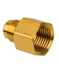 Brass 3/8 in male flare to 1/2 in NPT female pipe fitting with hex body