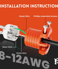 Rigged Right Heavy Duty Extension Cord Ends Male And Female Replacement Plug Connector Set Three Prong Grounded Nema 5 15P 5 15R No Fuss Quick Connect Fits Any Wire Gauge Etl Listed Five Pack Bright Orange installation instructions showing wire connections with plugs.