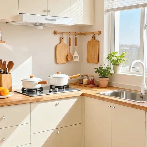 Bright kitchen setup with white pots on stove, wooden cutting boards hanging, and a plant by the window.