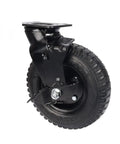 Rock Solid Eight Inch Pneumatic Rubber Caster With Side Brake Lock For Hotel Luggage Cart Rollin Smooth And Hassle Free Universal Stem Mount Caddy Wheel, side view of black rubber caster with brake detail.