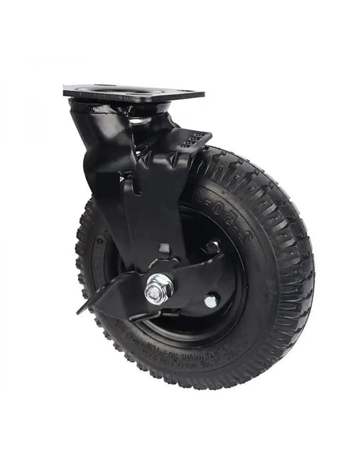 Rock Solid Eight Inch Pneumatic Rubber Caster With Side Brake Lock For Hotel Luggage Cart Rollin Smooth And Hassle Free Universal Stem Mount Caddy Wheel, side view of black rubber caster with brake detail.