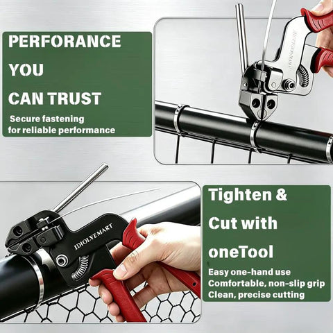 155 Piece Heavy Duty 304 Stainless Steel Cable Tie Gun Kit With 150 Metal Zip Ties In Three Sizes shown securing a fence