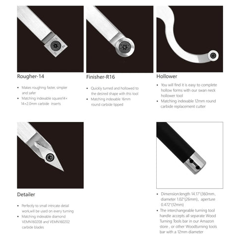 Carbide Tipped Wood Turning Tools Set For Lathe With Swan Neck Hollower Rougher Finisher Detailer And Interchangeable Aluminum Grip Handles With Diamond Carbide Inserts For Pro Grade Smooth Clean Cuts AT04
