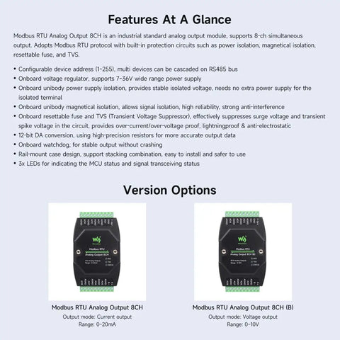 Industrial 8 Channel Analog Output Module With 12 Bit DAC And 8 Simultaneous Current Outputs, rugged grade, RS485 ready.