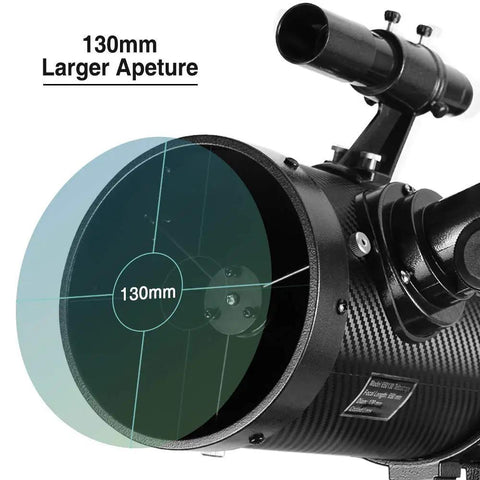 Close-up of 130mm Newtonian Reflector Telescope For Grownups With 130EQ Mount High Quality Optics, showing larger aperture.