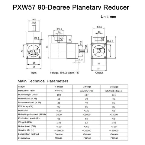 Technical diagram of PXW57 90-degree planetary reducer with dimensions and main parameters for NEMA 23 motors, ratios 3 4 6 10.