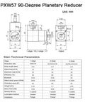 Technical diagram of PXW57 90-degree planetary reducer for NEMA 23 motors, featuring dimensions, ratios, and performance specs.