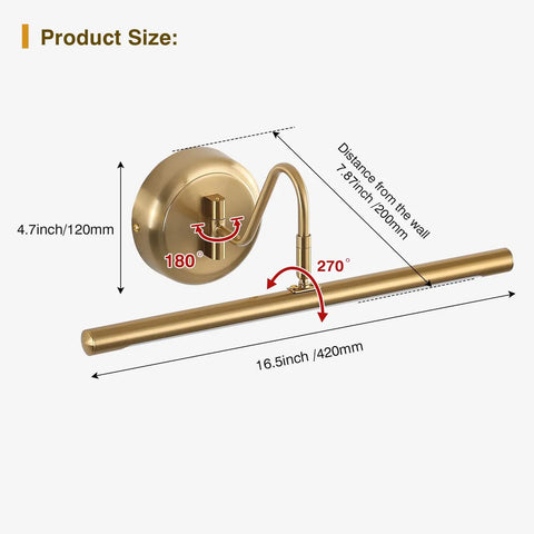 Dimensions of Dimmable Picture Light For Paintings Modern Lit 7W LED Wall Sconce 16.54 Inch Long with brass finish
