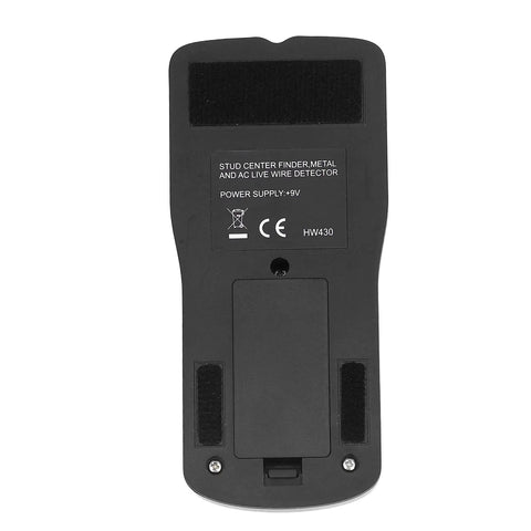 Back view of Thonlai 5 in 1 Stud Finder Multifunctional Wall Scanner with battery compartment and label in black.