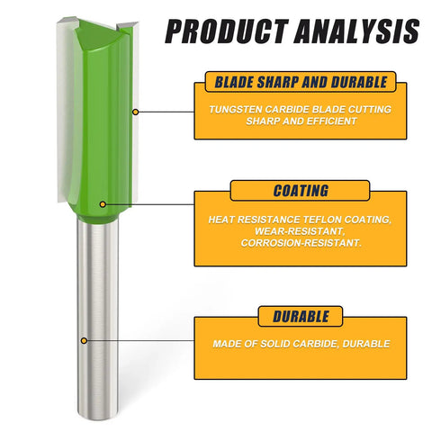 Industrial Grade Micro Grain Carbide Router Bits Set With Quarter Inch Shank Delivers Hella Sharp Cuts And Beast Mode Woodworking Performance For Tough Dado Milling Jobs Across Seven Optimal Cutting Diameters, showing tungsten carbide blade and Teflon coating.