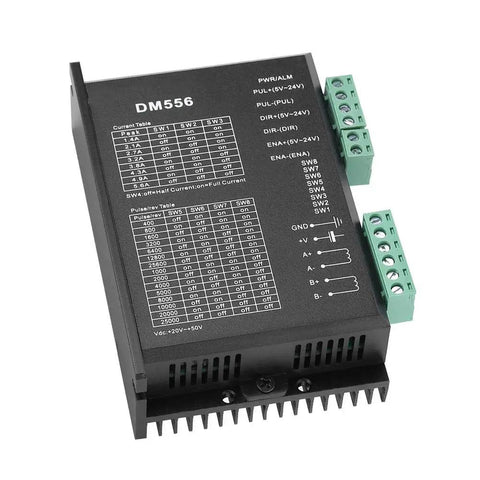 Front view of DM556 Two Phase Stepper Motor Driver for 24V to 50V DC, 1.0 to 5.6A Bipolar PWM Control with terminal connections.