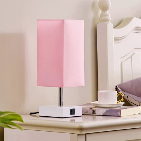 3 Way Touch Desk Lamp With USB Ports, Pink Shade Nightstand Light for Bedroom or Living Room on white base, bedside view