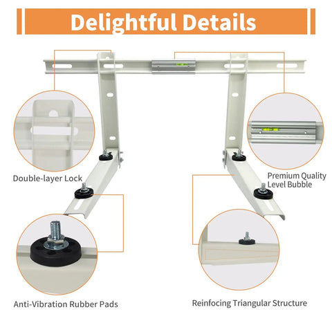 Heavy Duty Galvanized Steel Mini Split Wall Mount Bracket with anti-vibration pads, level bubble, and double-layer lock details.