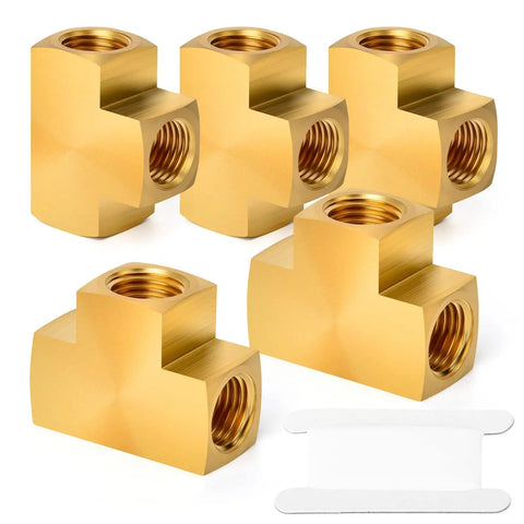 Five Pack Brass Barstock Tee Fittings One Quarter Inch By One Quarter Inch By One Quarter Inch NPT Female Pipe Fittings