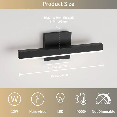 LED Bathroom Vanity Light Bar 15.75 Inch Black Wall Sconce 12W 4000K Non Dimmable Modern Bath Fixture with size illustration