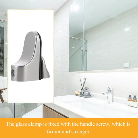 4 Pack Adjustable Floating Glass Shelf Brackets Zinc Alloy Clamp Mounts shown in a modern bathroom setting.