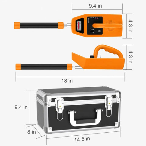 Dimensions of 512Hz Locator And 512Hz Sonde Transmitter Kit for Sewer Inspection with orange design and carry case.