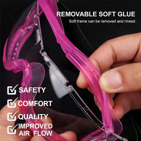 Close-up of pink Kids Anti Fog Safety Goggles For Science And Nerf Time, showing removable soft glue frame for comfort and improved airflow.