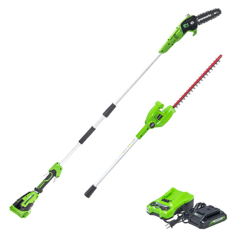 Cordless 24V Polesaw And Hedge Trimmer Combo Kit With 8 Inch Polesaw Bar And 20 Inch Hedge Trimmer Pole For Pruning Branches And Shrubs Includes 2.0Ah Battery And Charger