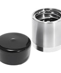 Front view of Bearing Buddy wheel bearing protector and dust cover; 1.98-inch stainless steel body with black cap